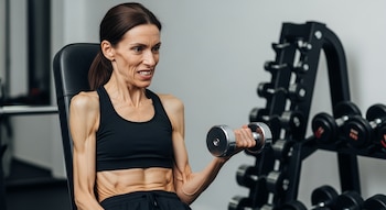 Una mujer de unos 45 años, muy delgada, levanta una mancuerna mientras está sentada en un banco de gimnasio, con un estante de pesas al fondo.