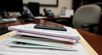 Pila de documentos, formularios y documentos de identidad con un pasaporte oscuro sobre un escritorio de oficina; monitor y silla de oficina en el fondo.