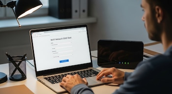 Manos de un hombre tecleando en una laptop plateada con pantalla mostrando configuración de red Wi-Fi, junto a un router negro en un escritorio blanco.