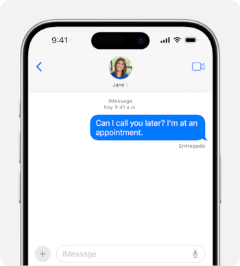 Pantalla de un iPhone mostrando una conversación de iMessage con un mensaje en inglés: "Can I call you later? I'm at an appointment." La foto de perfil de Jane aparece arriba