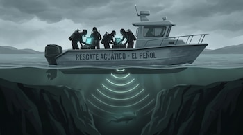 Ilustración de una embarcación de rescate con buzos operando sonares en superficie. Ondas de sonar exploran un acantilado submarino, revelando una figura en la profundidad.