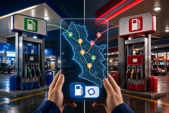 Dos manos sostienen una pantalla transparente con un mapa frente a dos surtidores de combustible divididos en azul y rojo.