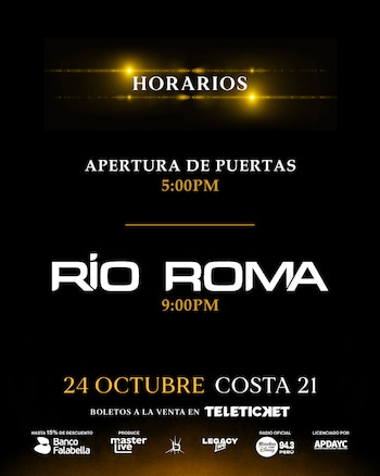 Afiche con fondo negro y texto que detalla los horarios del concierto de Río Roma el 24 de octubre en Costa 21, junto con logotipos al pie