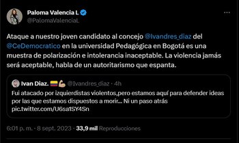 La senadora del Centro Democrático, muestra su solidaridad con el aspirante al consejo de Bogotá -crédito @PalomaValenciaL /X