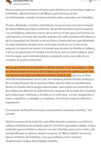 Gustavo Petro cuestionó la intención del presidente electo Abelardo de la Espriella de realizar la ceremonia de posesión fuera de la Plaza de Bolívar - crédito @petrogustavo/X
