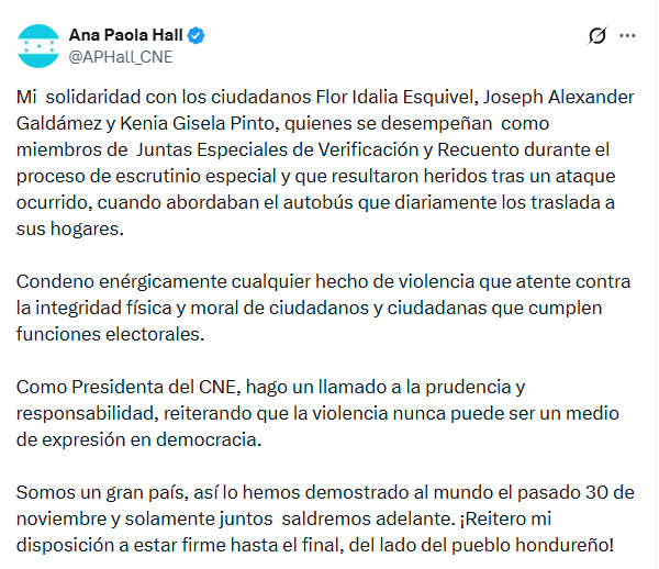 La consejera presidenta del CNE, Ana Paola Hall, expresó su solidaridad con los lesionados y condenó el hecho