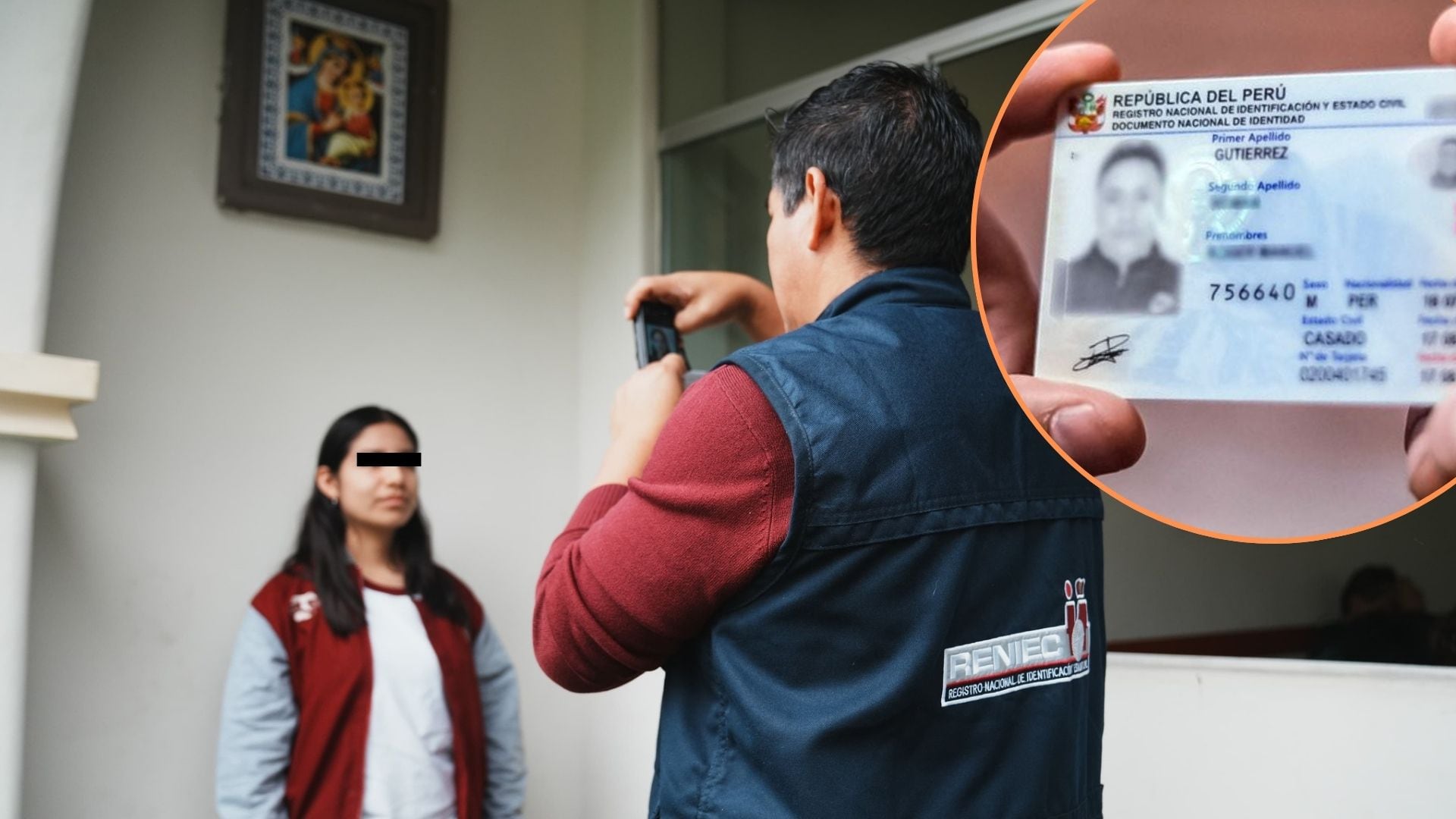 Un funcionario del Reniec toma la foto a una menor de edad para el respectivo trámite gratuito del DNI electrónico. (Composición: Infobae Perú)