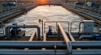 Planta de tratamiento de agua con canal rectangular de agua espumosa. Tuberías metálicas, barandillas y maquinaria industrial son visibles al atardecer.
