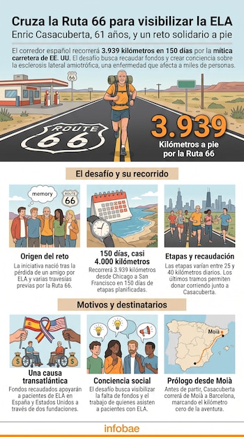 Infografía sobre el reto de un hombre que corre por la Ruta 66, dividida en secciones explicativas con textos e ilustraciones.