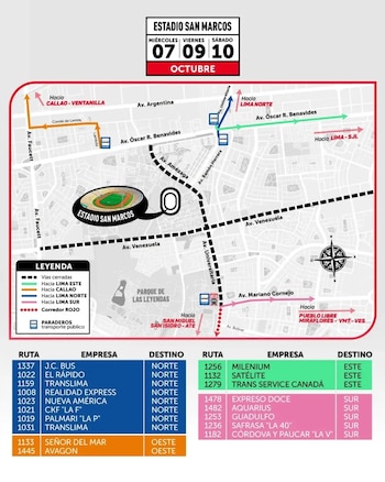 Mapa del entorno del Estadio San Marcos con líneas de colores para desvíos y una tabla con rutas y destinos de transporte público