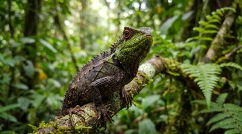 Un lagarto de cabeza verde y cuerpo oscuro con escamas y espinas está posado sobre una rama cubierta de musgo, con un fondo borroso de hojas verdes.