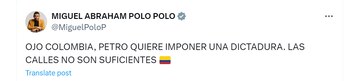 Miguel Polo Polo aseguró que "las calles no son suficientes", luego de que Gustavo Petro propusiera una Asamblea Nacional Constituyente - crédito @MiguelPoloP/X
