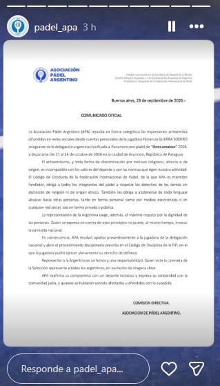La Asociación Pádel Argentino informa la suspensión preventiva de una jugadora de su delegación tras la difusión de expresiones antisemitas en redes sociales. (Asociacion Argentina de Padle)