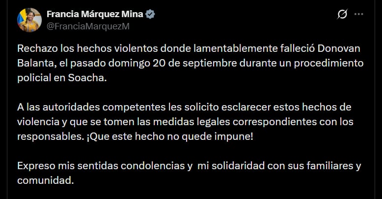 Francia Márquez rechazó los hechos y le pidió a las autoridades competentes los hechos ocurridos el domingo 20 de septiembre de 2026 - crédito @FranciaMarquezM/X