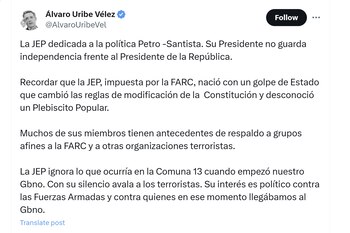 El expresidente Álvaro Uribe criticó