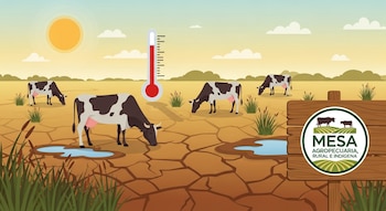 Ilustración de pradera seca y agrietada con vacas delgadas bajo sol y termómetro en rojo, junto a charcos secos y pasto marchito. Se ve el logo de Mesa Agropecuaria, Rural e Indígena.