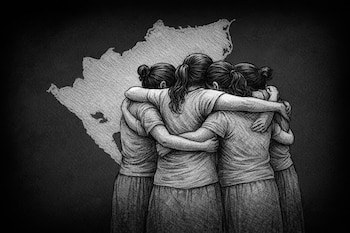 Ilustración en blanco y negro de cuatro mujeres adultas abrazándose, vistas de espaldas, con el mapa de Nicaragua delineado en el fondo.