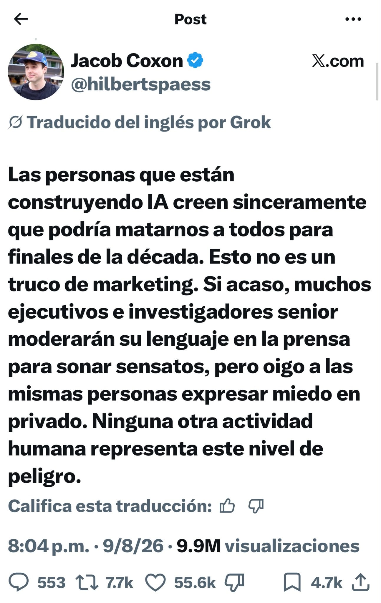 Coxon advirtió que OpenAI no internalizó lo que está en juego para la civilización y que Anthropic sigue en la carrera por llegar primero pese al riesgo de la IA (@hilbertspaess)