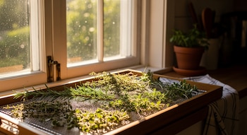 Hierbas frescas como romero y orégano se extienden sobre una bandeja con rejilla, secándose junto a una ventana soleada. Se observa una planta en maceta al fondo.