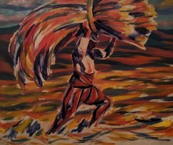 Pintura expresionista. Figura humana con una gran forma alada y colorida sobre su espalda, contra un fondo abstracto de tonos cálidos y pinceladas marcadas