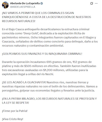 El anuncio del presidente De la Espriella sobre la desarticulación de la banda 'Deep Gold' - crédito @ABDELAESPRIELLA/X