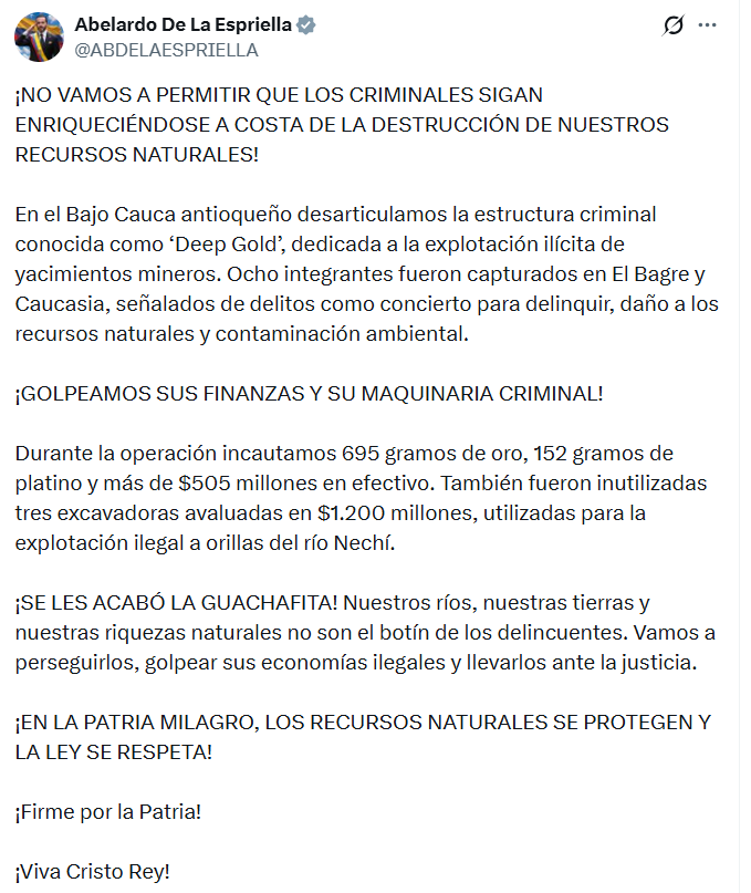 El anuncio del presidente De la Espriella sobre la desarticulación de la banda 'Deep Gold' - crédito @ABDELAESPRIELLA/X