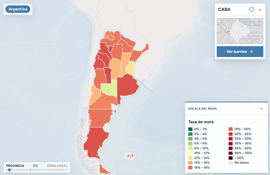 La herramienta elaborada con datos del Banco Central permite identificar las zonas con más personas que no logran ponerse al día con sus obligaciones financieras (captura de video)