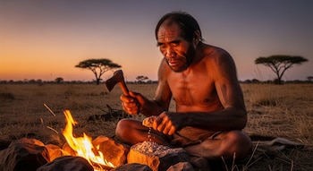 Imagen de un Homo erectus semidesnudo sentado junto a una fogata al atardecer, sosteniendo un hacha de mano y moliendo un material con piedras.