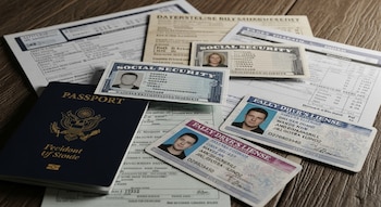 Primer plano de un pasaporte, varias licencias de conducir y tarjetas de seguro social, y otros papeles sobre una superficie de madera.