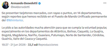 Armando Benedetti exigió vigilancia tras hallazgo de marcas en tarjetones electorales - crédito @AABenedetti/X