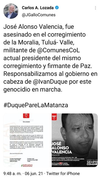 José Alonso Valencia -Muerte