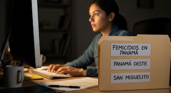 Una mujer sentada en un escritorio oscuro frente a una computadora. A la derecha, una carpeta beige rotulada "Femicidios en Panamá", "Panamá Oeste" y "San Miguelito".
