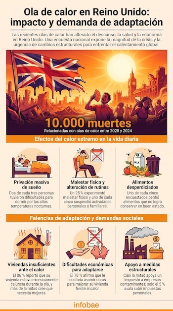 Infografía: Ola de calor en Reino Unido. Muestra bandera británica, Big Ben, personas con calor, 10.000 muertes. Ilustra privación de sueño, malestar, alimentos, casa caliente, dinero, fábrica.