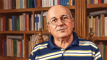 Ilustración de un hombre con gafas y camisa de rayas frente a una estantería de madera llena de libros.