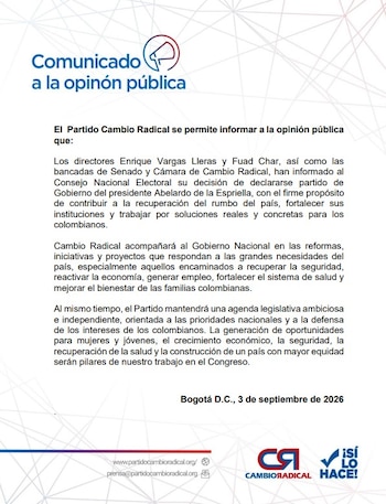 Cambio Radical será partido de Gobierno y apoyará a Abelardo de la Espriella