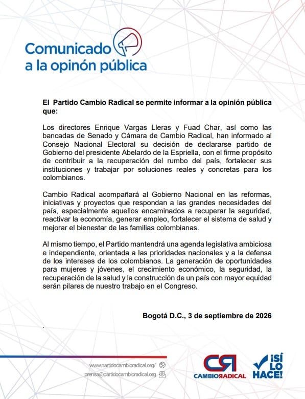 Con esta misiva, Cambio Radical será partido de Gobierno y apoyará al presidente Abelardo de la Espriella en sus iniciativas - crédito suministrado a Infobae Colombia