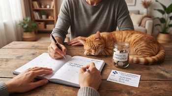 Manos de una persona escribiendo en un calendario, un gato anaranjado dormido, un frasco con monedas y una tarjeta de cita veterinaria.