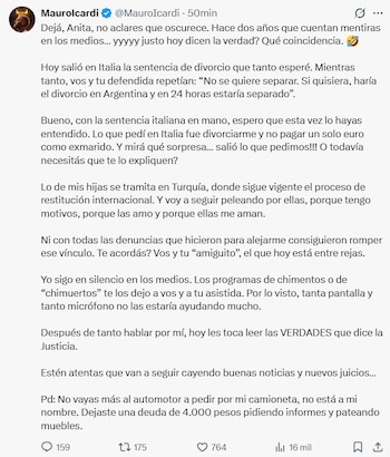 El futbolista afirmó en sus redes sociales que el fallo judicial confirmó su pedido de no abonar una pensión tras la separación