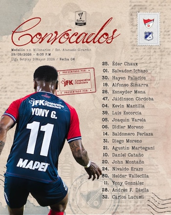 El grupo de jugadores que tendrá el técnico Luis Amaranto Perea para el juego ante Millonarios-crédito Jefatura de Prensa Independiente Medellín