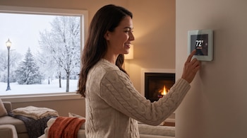 Un termostato inteligente blanco en una pared muestra 72°F y "HEATING". Una mujer lo toca. Al fondo, una ventana con árboles nevados y una chimenea encendida.