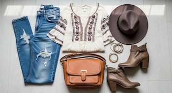 Unos jeans azules rotos, una blusa blanca bordada, un sombrero marrón, un bolso de cuero color camello, dos botas marrones y varias pulseras doradas y plateadas.