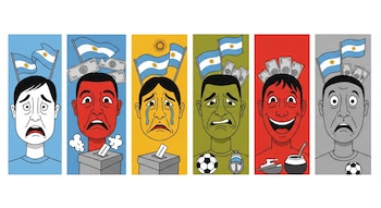 Ilustración de seis rostros estilizados mostrando emociones básicas. Cada uno incorpora elementos argentinos como banderas, billetes, urnas, fútbol y mate.