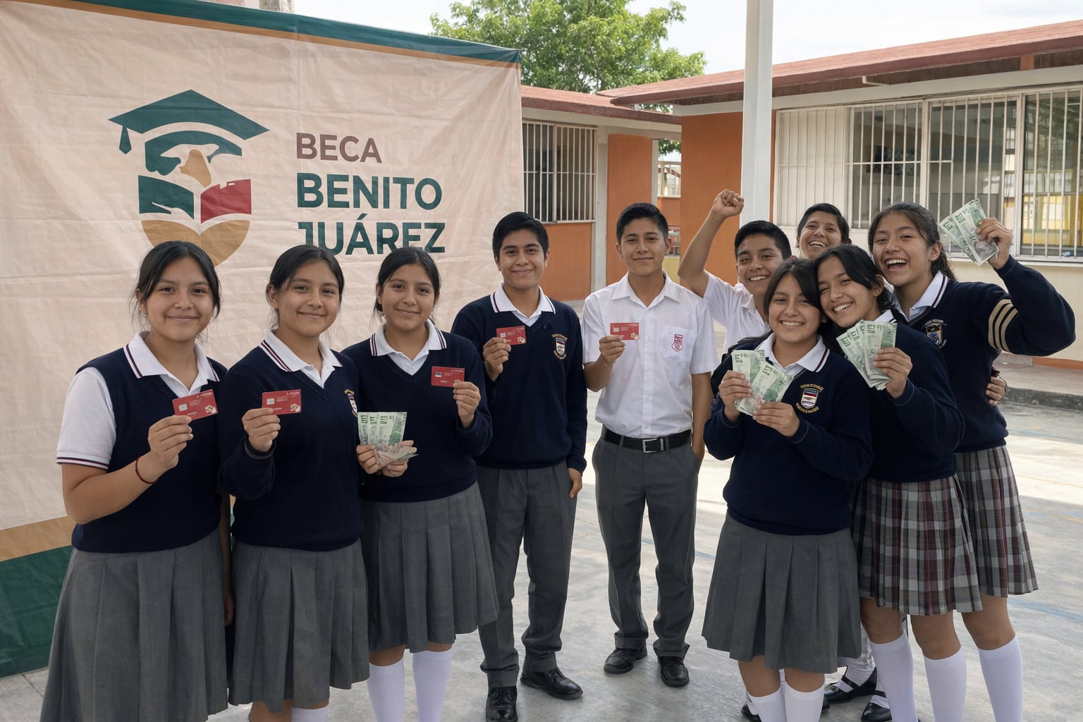 Estudiantes mexicanos de secundaria y preparatoria sonríen al recibir sus tarjetas bancarias o efectivo del programa Beca Benito Juárez en una escuela. (Imagen Ilustrativa Infobae)