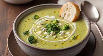 Cuenco de cerámica con crema de brócoli, queso azul y cebollino. Una rebanada de pan y una cuchara metálica. Fondo de madera.