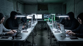 Un espacio cerrado y poco iluminado muestra varias mesas con laptops, teléfonos, auriculares y monitores con gráficos. Manos anónimas operan teclados.