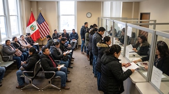 Oficina con personas sentadas y de pie en fila, ventanillas de atención al público, banderas de Perú y de Estados Unidos, reloj y documentos