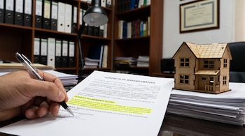 Mano con bolígrafo sobre contrato de arrendamiento, cláusula de allanamiento futuro resaltada, maqueta de vivienda, pila de documentos y estanterías con libros.