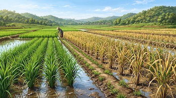 Campo de arroz inundado con plantas verdes a la izquierda, tallos secos amarillos a la derecha y una persona con sombrero cónico.