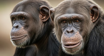 Primer plano de dos chimpancés. El de la derecha mira al frente, el de la izquierda está detrás y parcialmente visible, ambos con pelaje oscuro y rostros detallados.