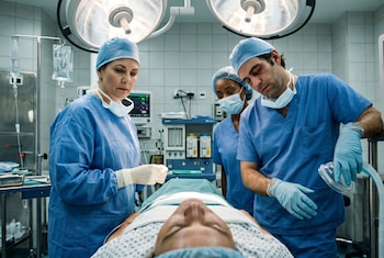 Tres profesionales médicos, con batas y gorros azules, atienden a un paciente en una camilla de quirófano; luces quirúrgicas y equipo médico son visibles